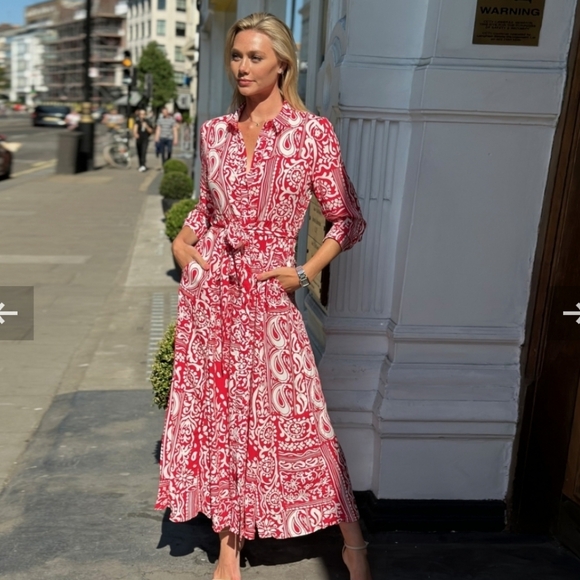 Women's Red Printed Belted Summer Jersey Dress Tropical Vacation Spring - Picture 1 of 6